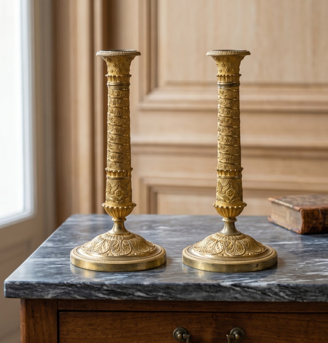 Pair Of Gilt Bronze Candlesticks. Paris, Early 19th Century.-photo-3