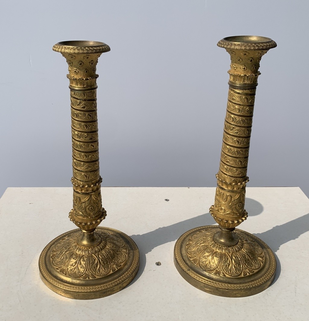 Pair Of Gilt Bronze Candlesticks. Paris, Early 19th Century.-photo-4