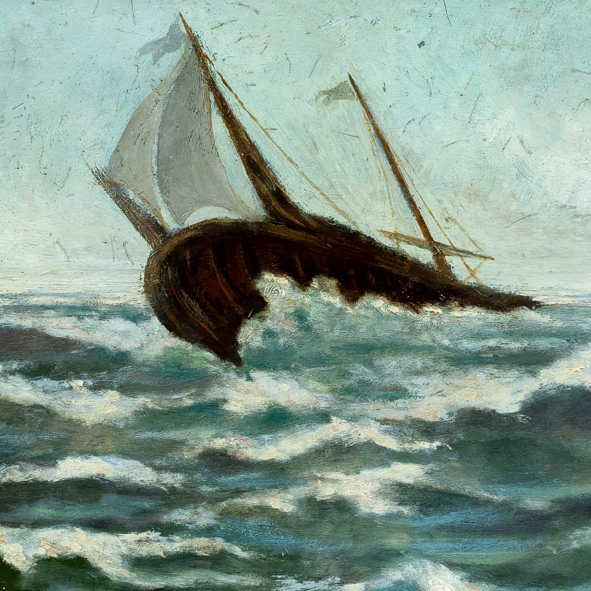 Peintre européen (XIXe-XXe siècle) - Marine avec un voilier en pleine tempête.-photo-2