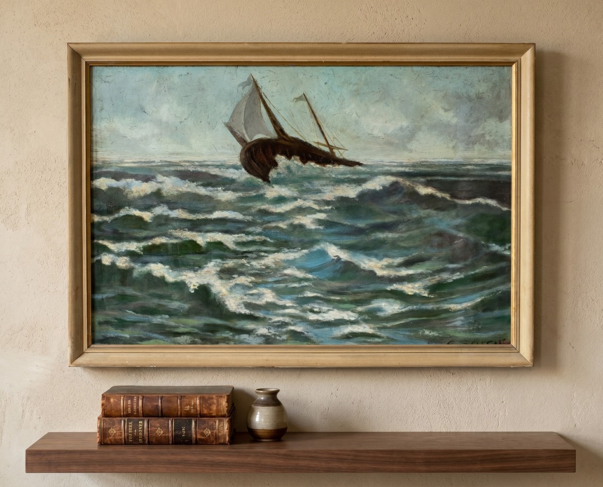 Peintre européen (XIXe-XXe siècle) - Marine avec un voilier en pleine tempête.-photo-4