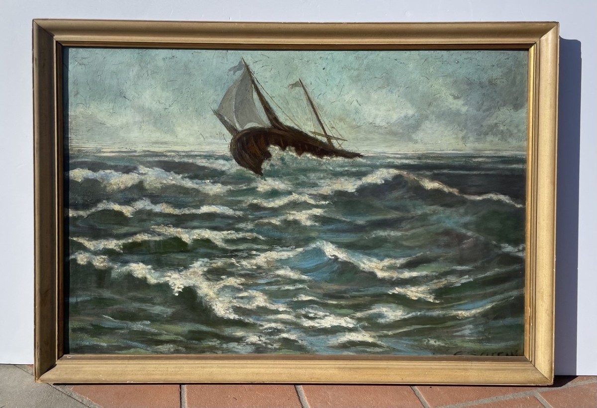 Peintre européen (XIXe-XXe siècle) - Marine avec un voilier en pleine tempête.-photo-1