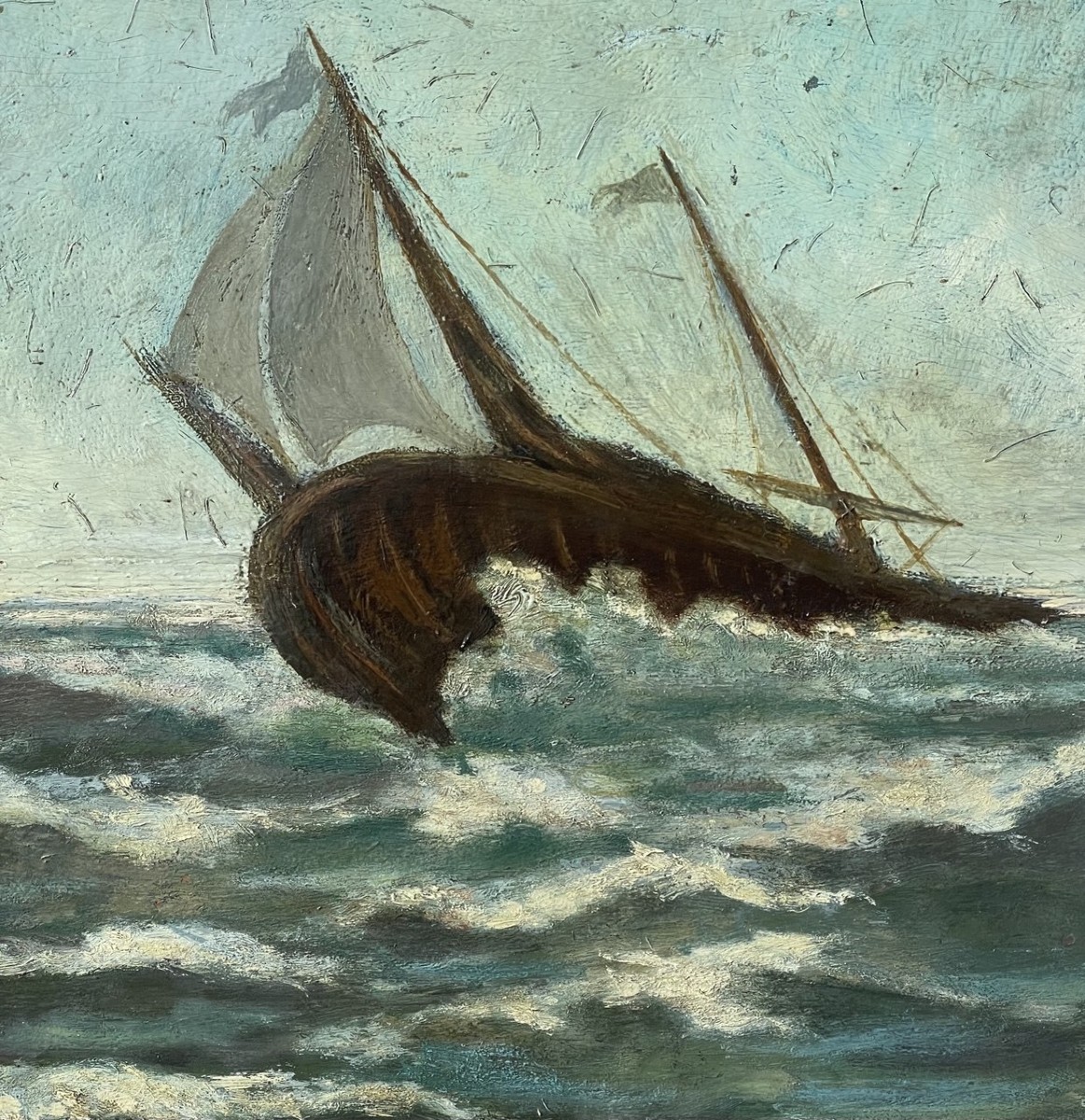 Peintre européen (XIXe-XXe siècle) - Marine avec un voilier en pleine tempête.-photo-2
