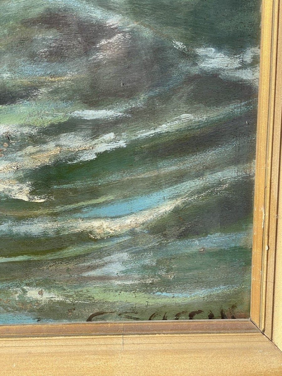 Peintre européen (XIXe-XXe siècle) - Marine avec un voilier en pleine tempête.-photo-3