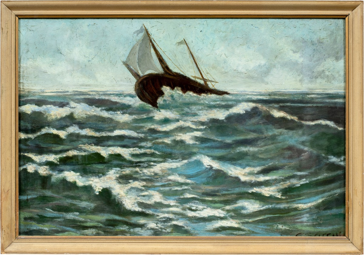 Peintre européen (XIXe-XXe siècle) - Marine avec un voilier en pleine tempête.