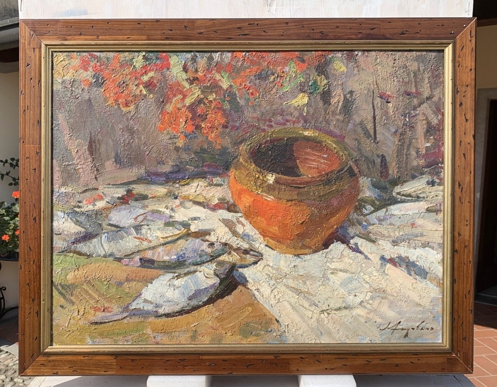 Lev Pavlovitch Khodchenko (Shimanovka 1912-1998) - Nature morte aux poissons et au vase.-photo-1