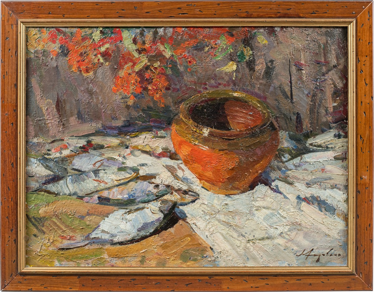 Lev Pavlovitch Khodchenko (Shimanovka 1912-1998) - Nature morte aux poissons et au vase.
