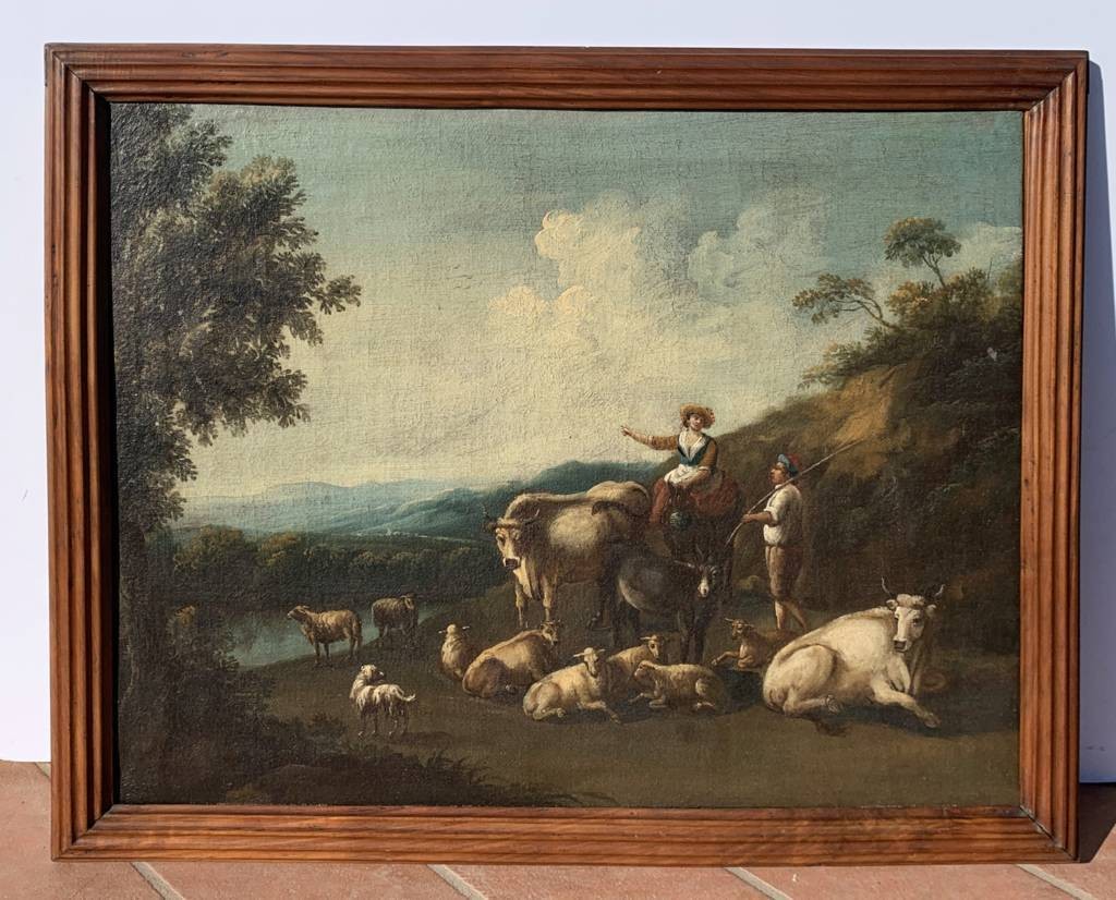 Peintre italien (XVIIIe siècle) - Paysage rural avec bergers et troupeau.-photo-1