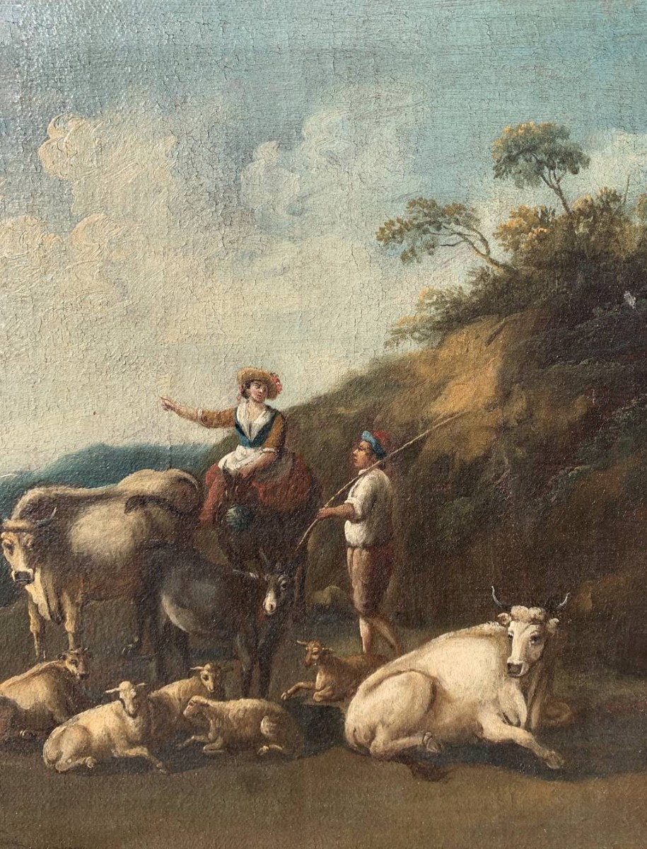 Peintre italien (XVIIIe siècle) - Paysage rural avec bergers et troupeau.-photo-2