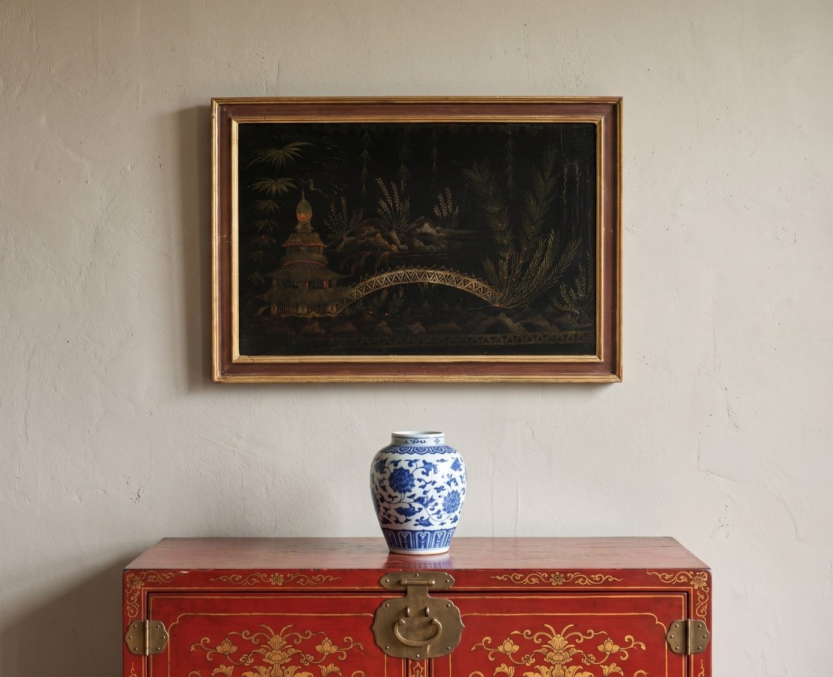 Peintre européen de style chinois (XVIIIe siècle) - Scène orientale avec pagode et pont.-photo-4