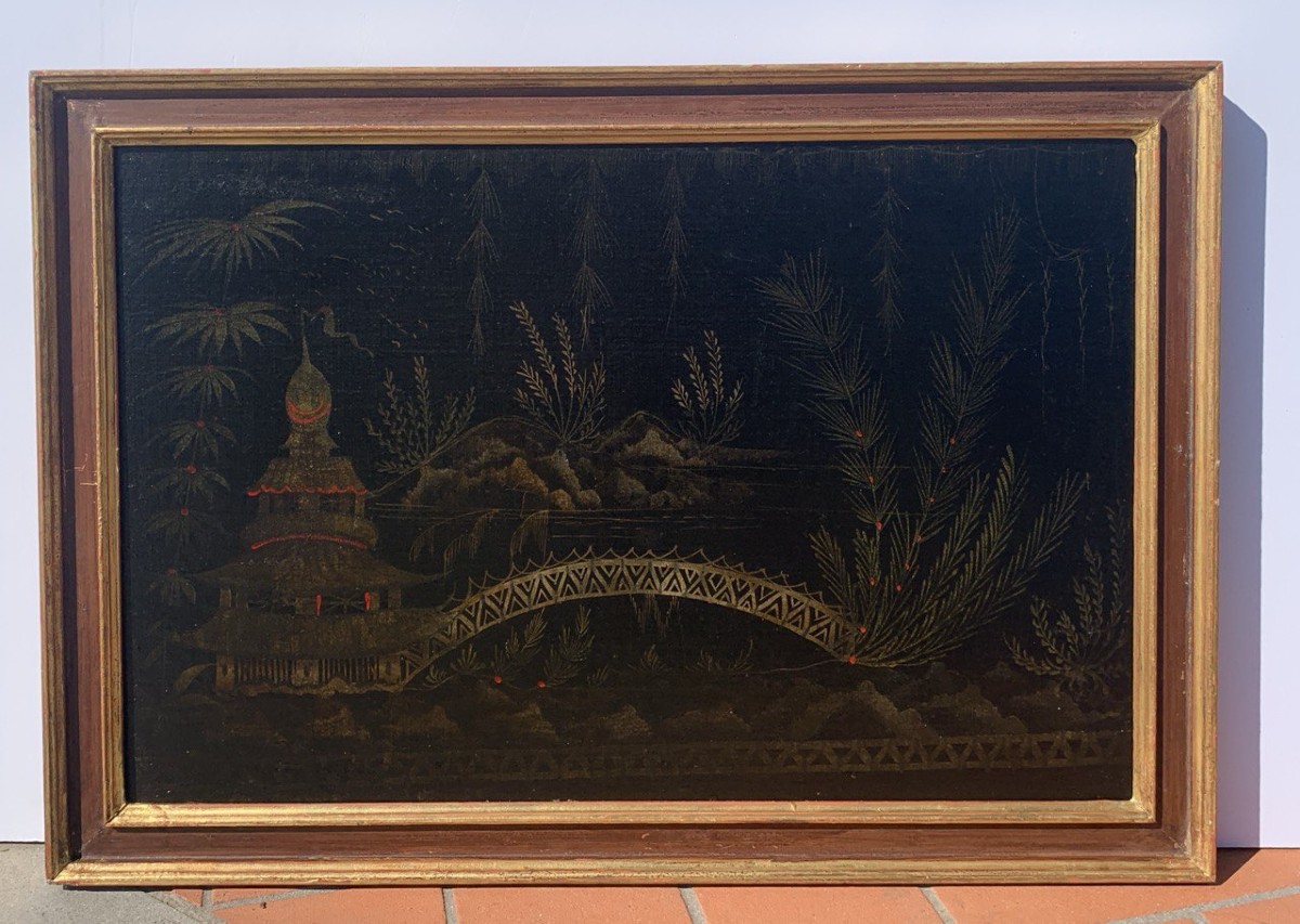 Peintre européen de style chinois (XVIIIe siècle) - Scène orientale avec pagode et pont.-photo-1