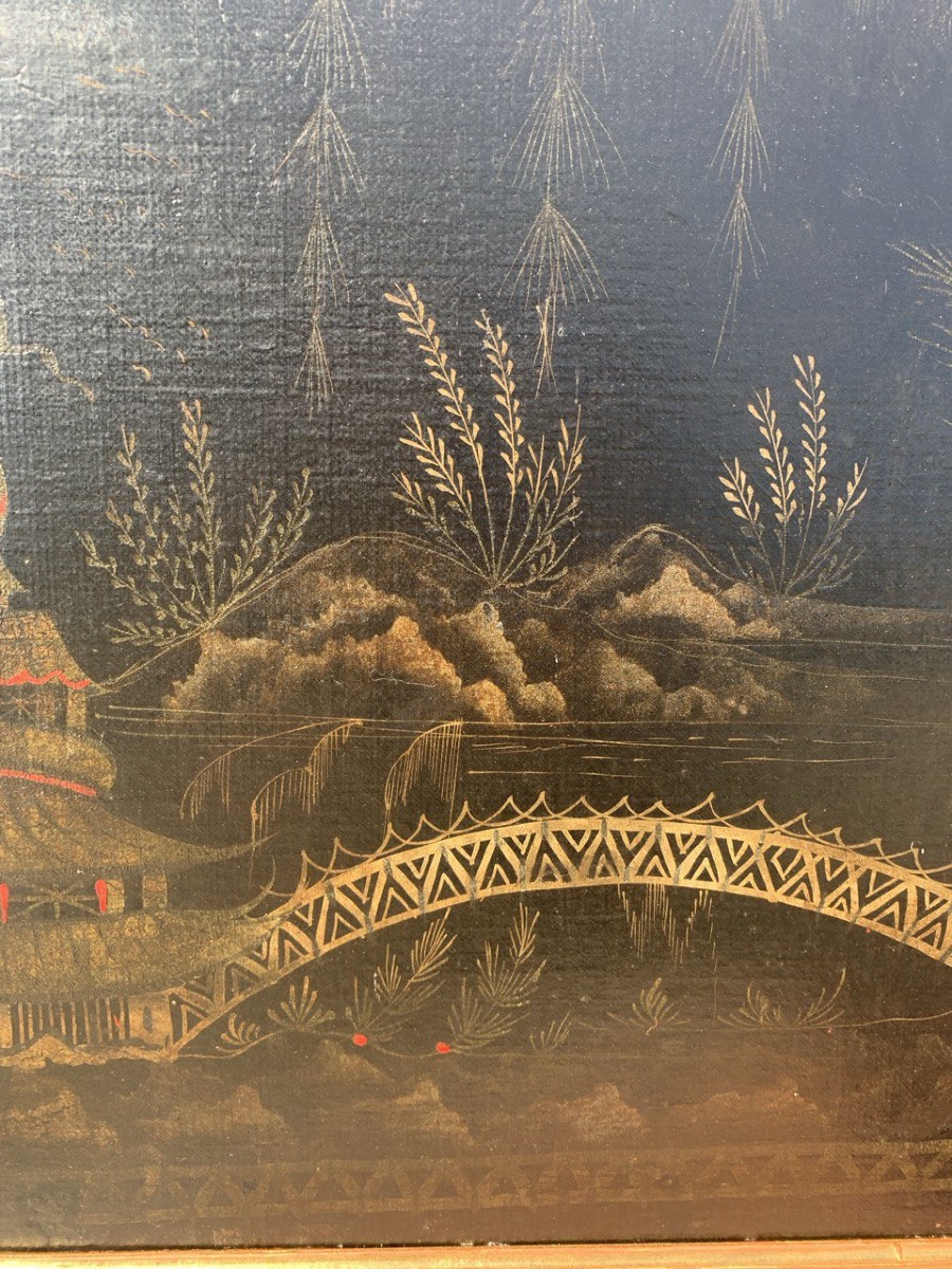 Peintre européen de style chinois (XVIIIe siècle) - Scène orientale avec pagode et pont.-photo-2