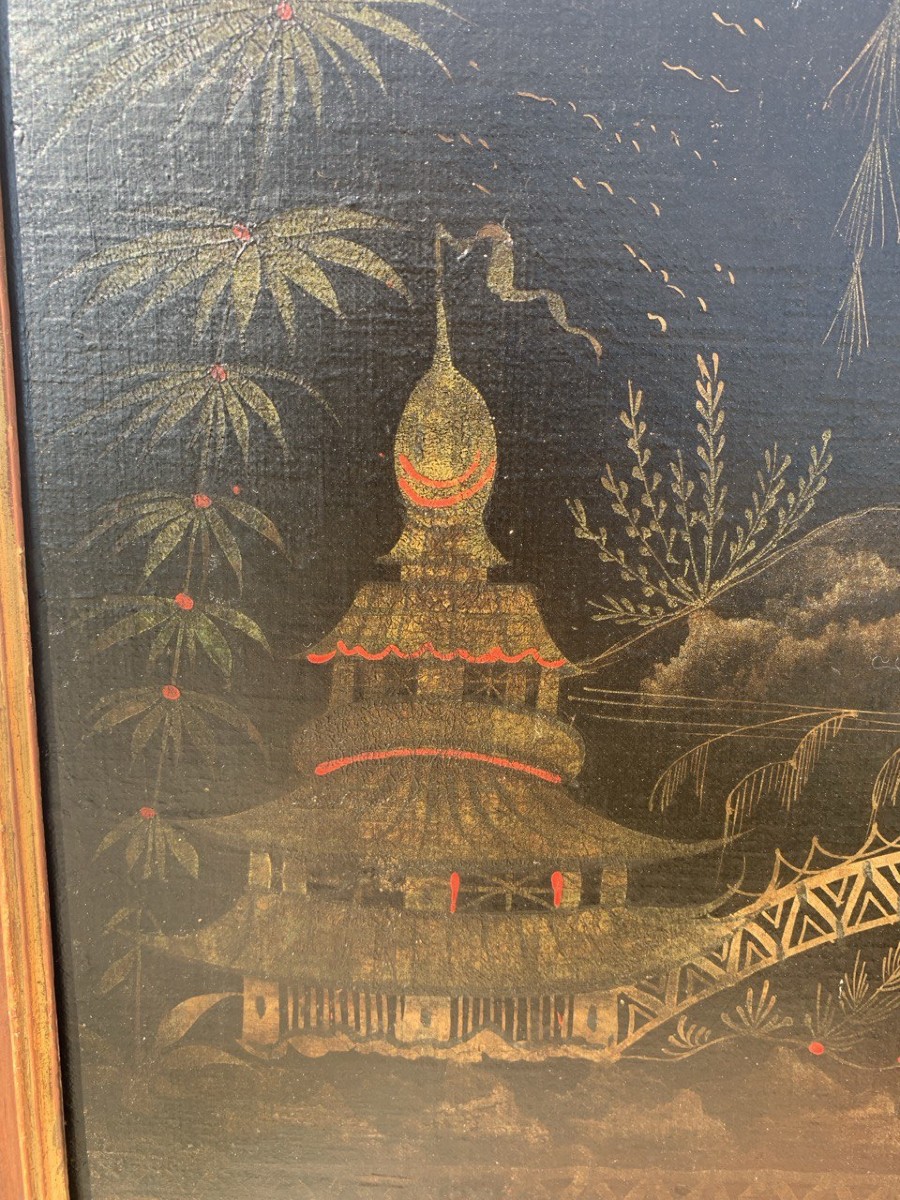Peintre européen de style chinois (XVIIIe siècle) - Scène orientale avec pagode et pont.-photo-3