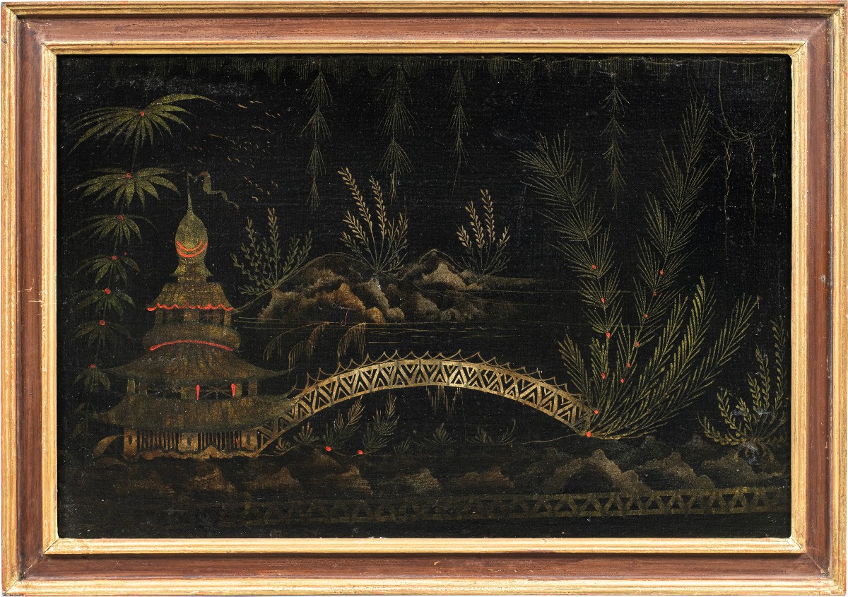 Peintre européen de style chinois (XVIIIe siècle) - Scène orientale avec pagode et pont.