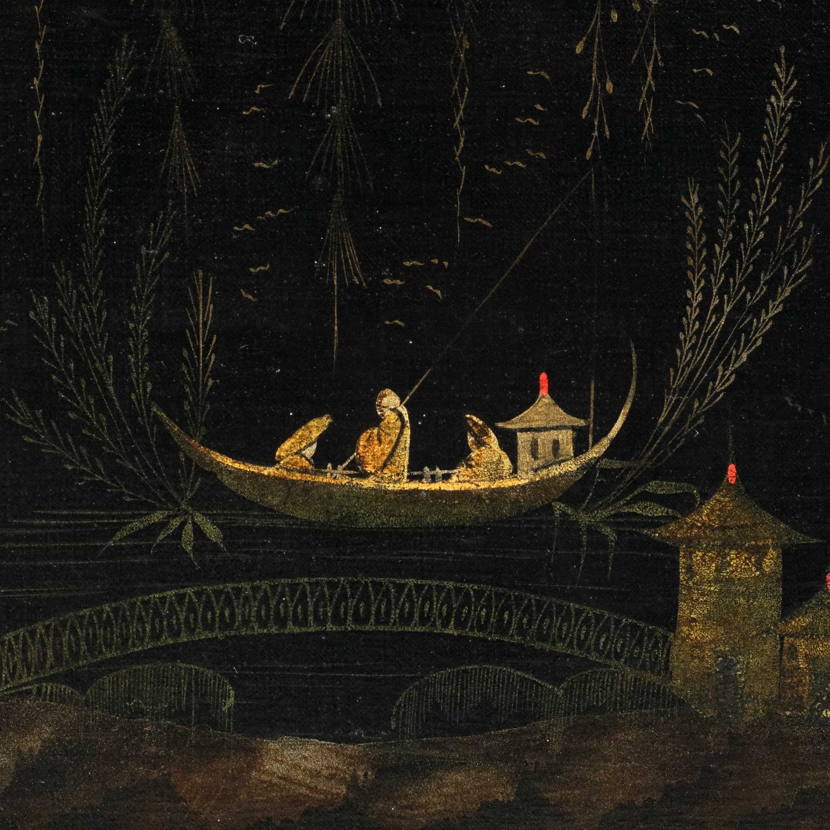 Peintre européen de style chinois (XVIII) - Scène orientale avec une barque sur une rivière.-photo-2