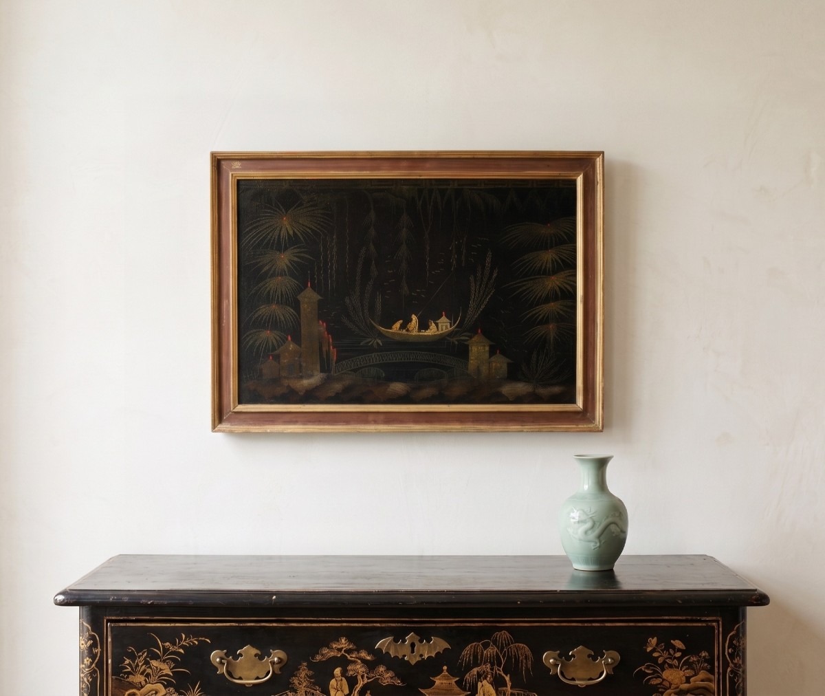 Peintre européen de style chinois (XVIII) - Scène orientale avec une barque sur une rivière.-photo-4