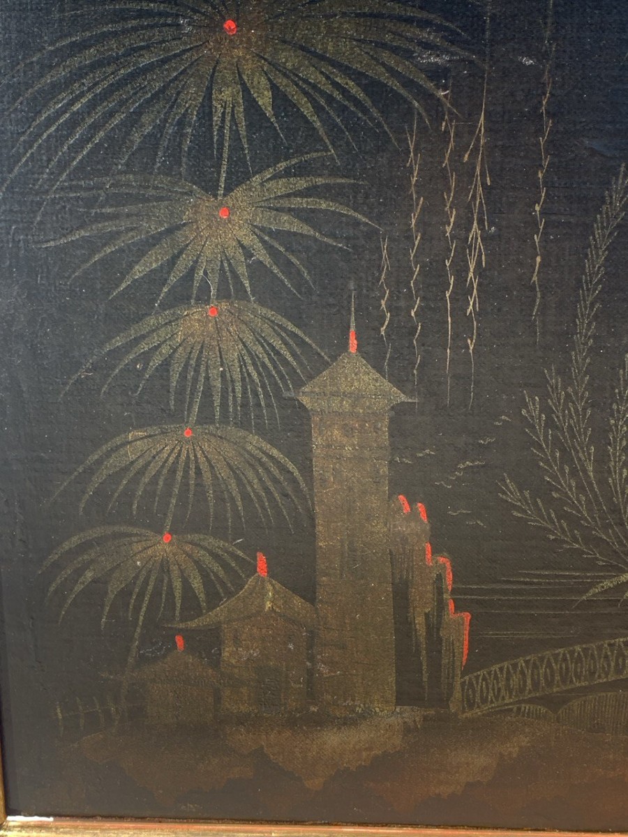 Peintre européen de style chinois (XVIII) - Scène orientale avec une barque sur une rivière.-photo-3