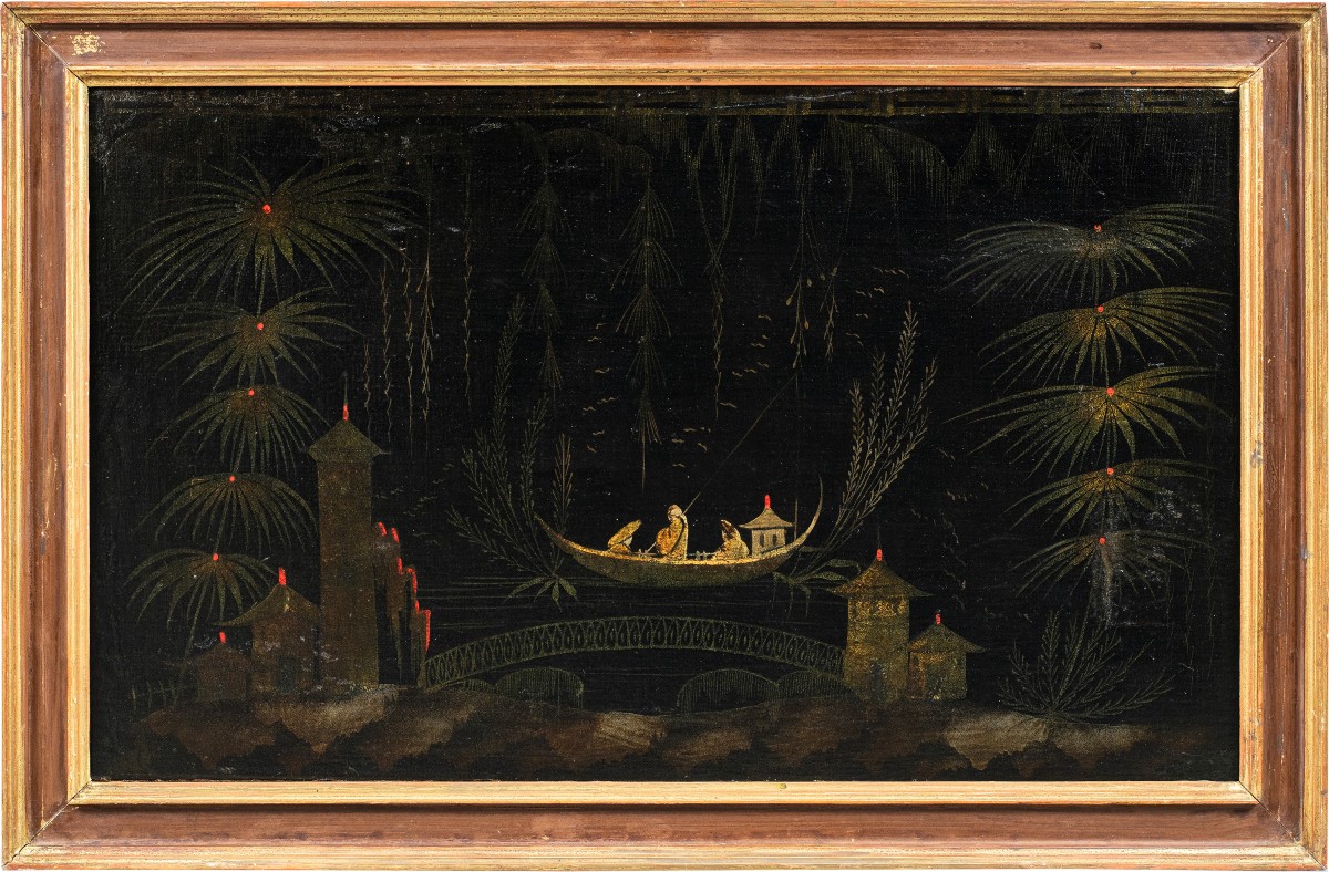 Peintre européen de style chinois (XVIII) - Scène orientale avec une barque sur une rivière.