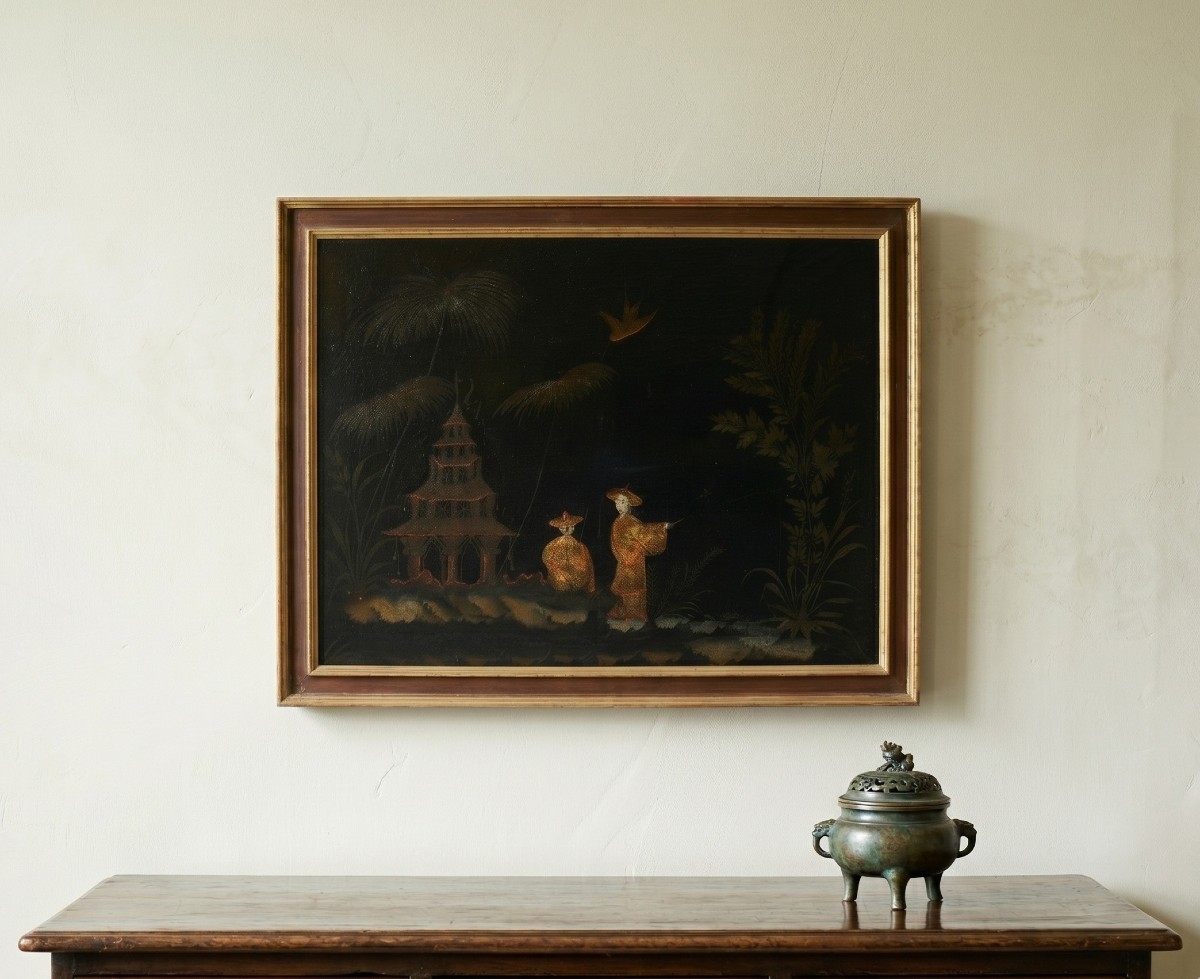 Peintre européen de style chinois (XVIIIe siècle) - Scène orientale avec pagode.-photo-4