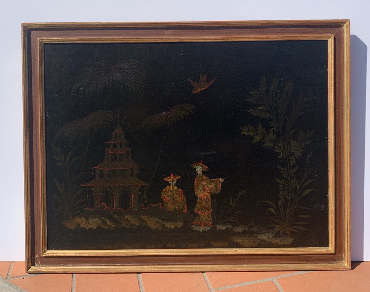 Peintre européen de style chinois (XVIIIe siècle) - Scène orientale avec pagode.-photo-1