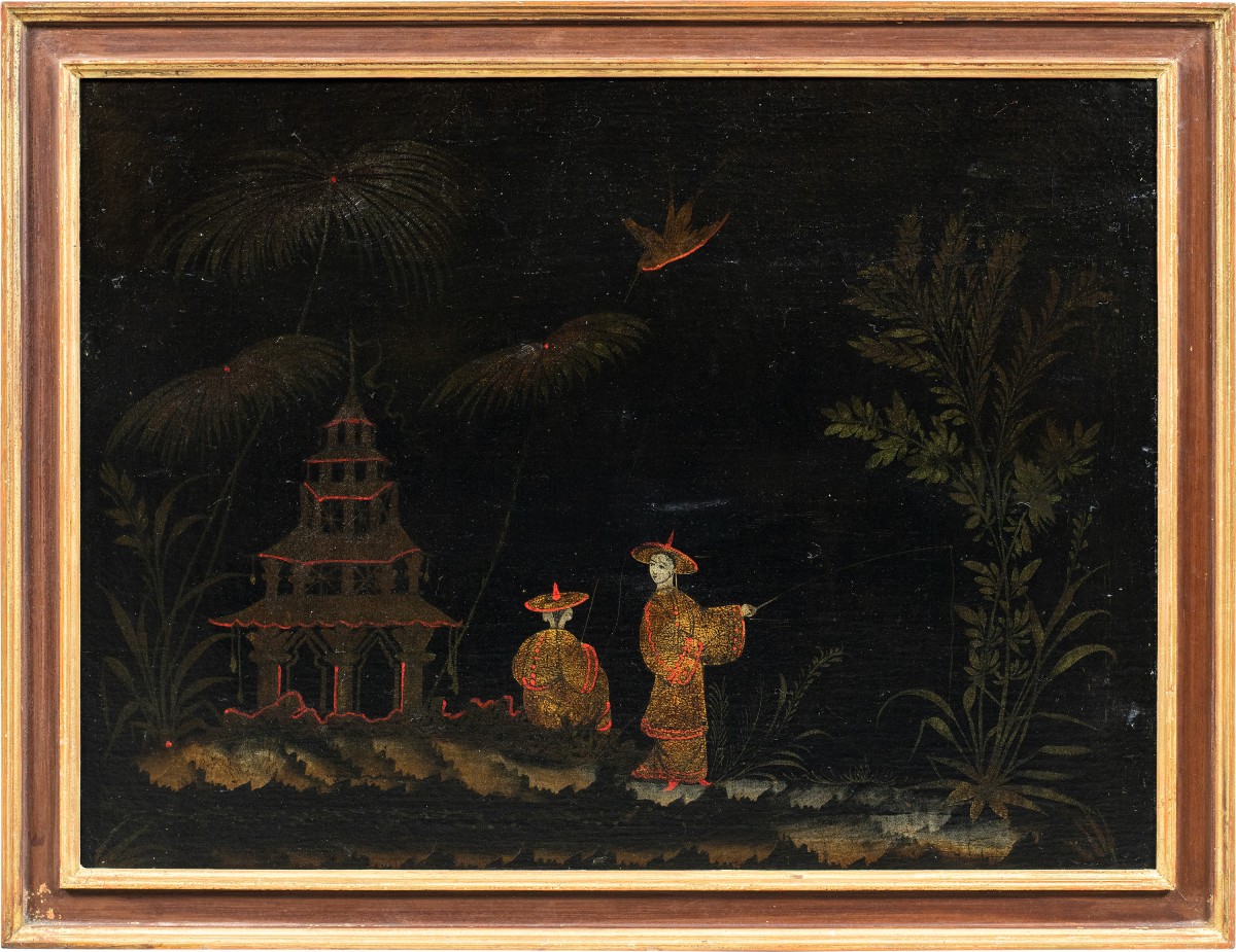 Peintre européen de style chinois (XVIIIe siècle) - Scène orientale avec pagode.