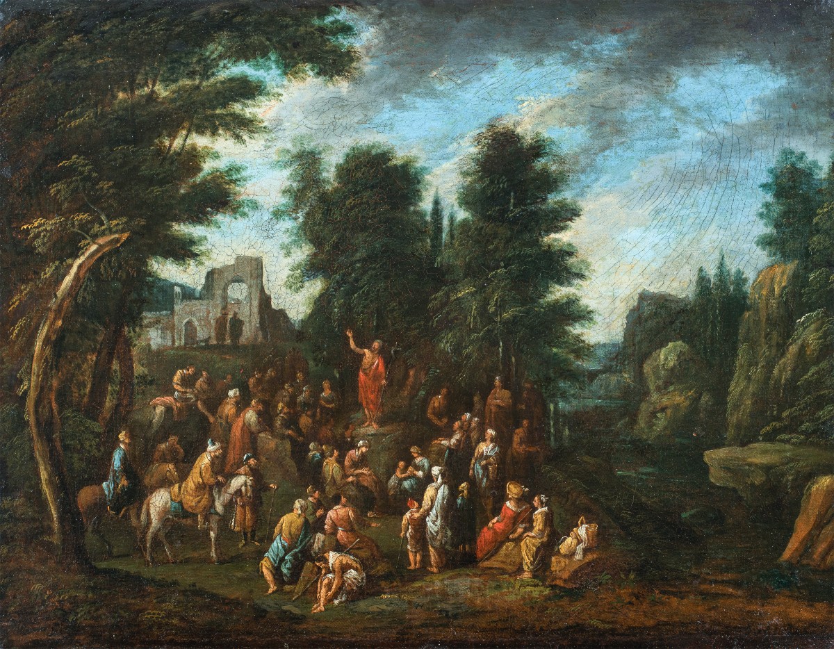 Maître flamand actif en Italie (XVII) - Le Sermon de saint Jean-Baptiste dans un paysage.