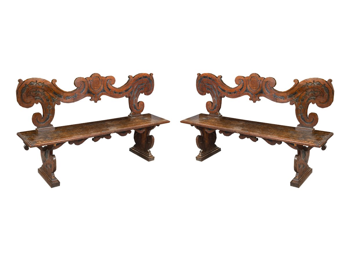 Pair Of Carved Solid Walnut Stately Benches. Northern Italy, 17th Century.-photo-2