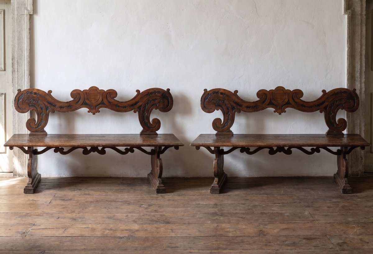 Pair Of Carved Solid Walnut Stately Benches. Northern Italy, 17th Century.-photo-4