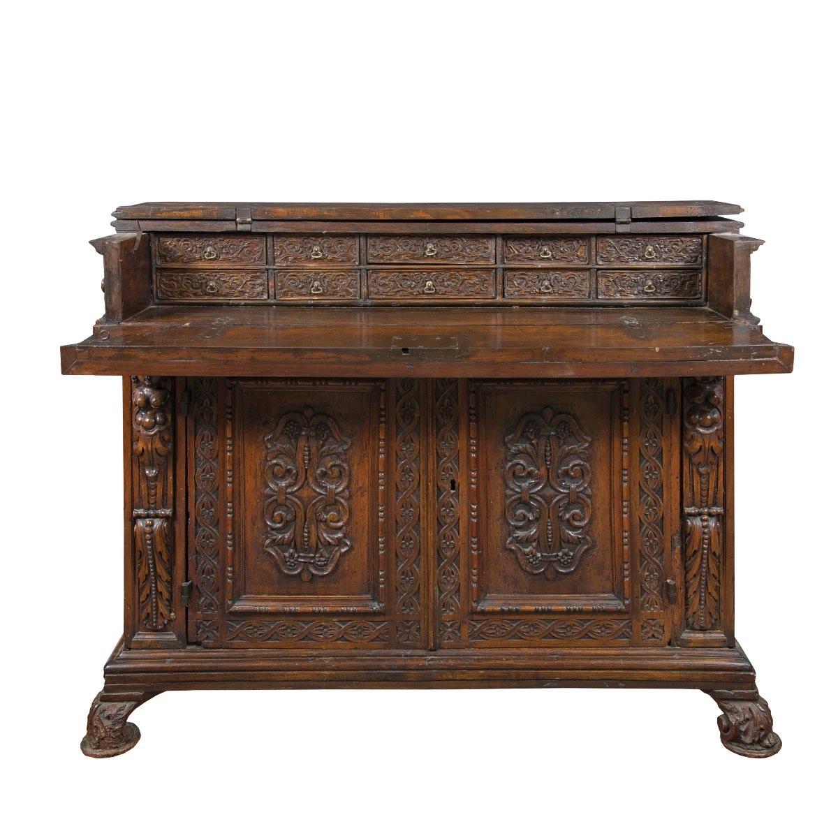 Carved Walnut Sideboard With Drop-leaf Top. Italy, 17th Century.-photo-2