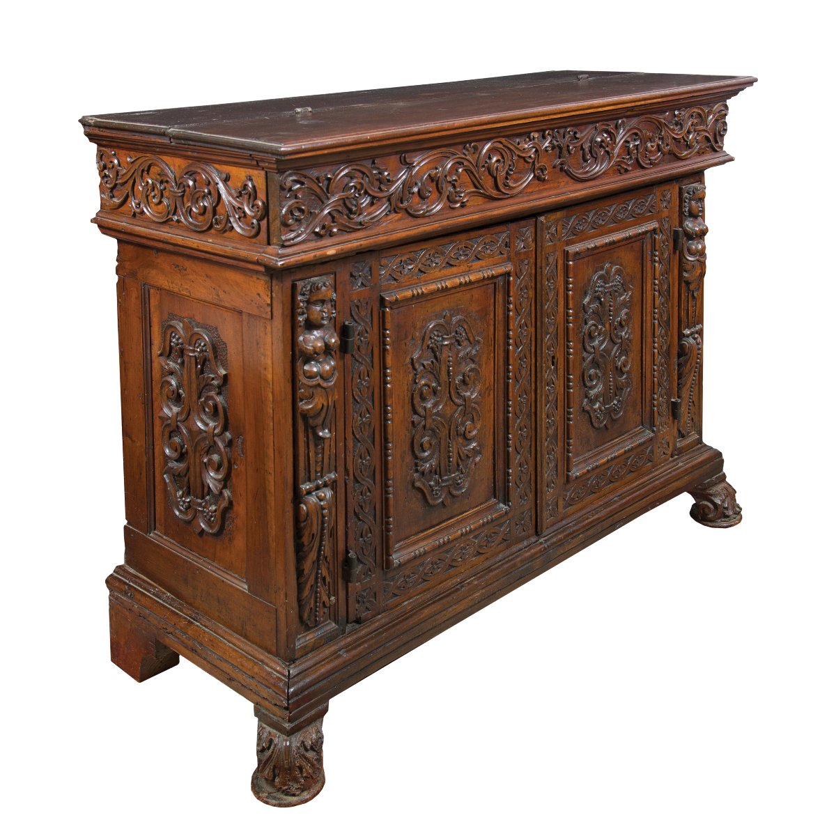 Carved Walnut Sideboard With Drop-leaf Top. Italy, 17th Century.-photo-3