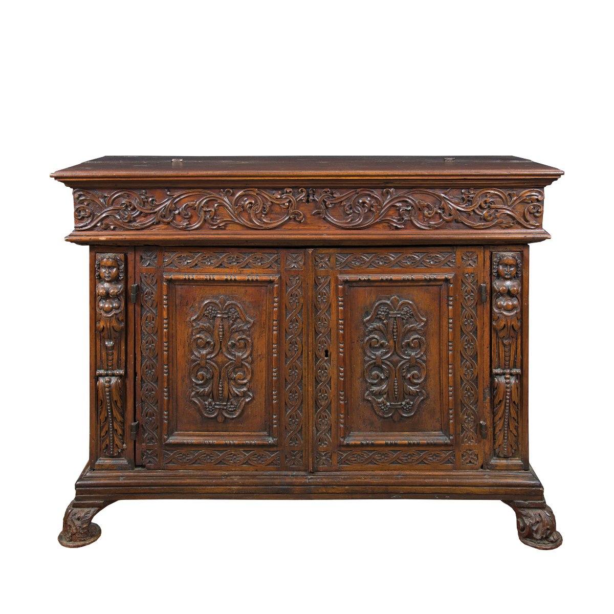Carved Walnut Sideboard With Drop-leaf Top. Italy, 17th Century.