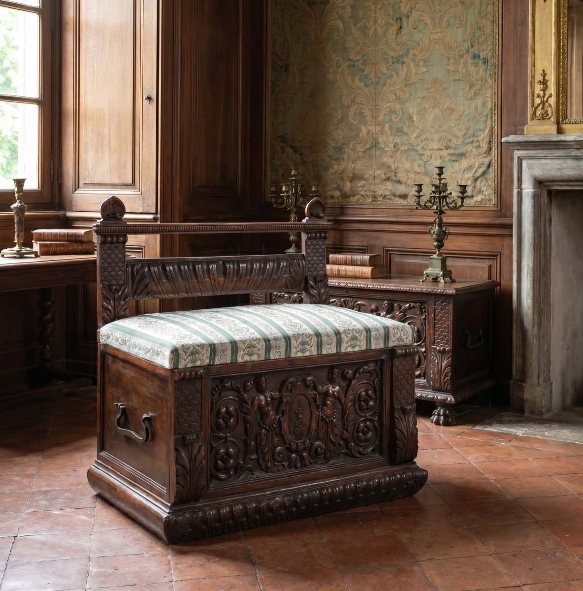 Banc en bois sculpté. Italie, XVIIe siècle.-photo-3