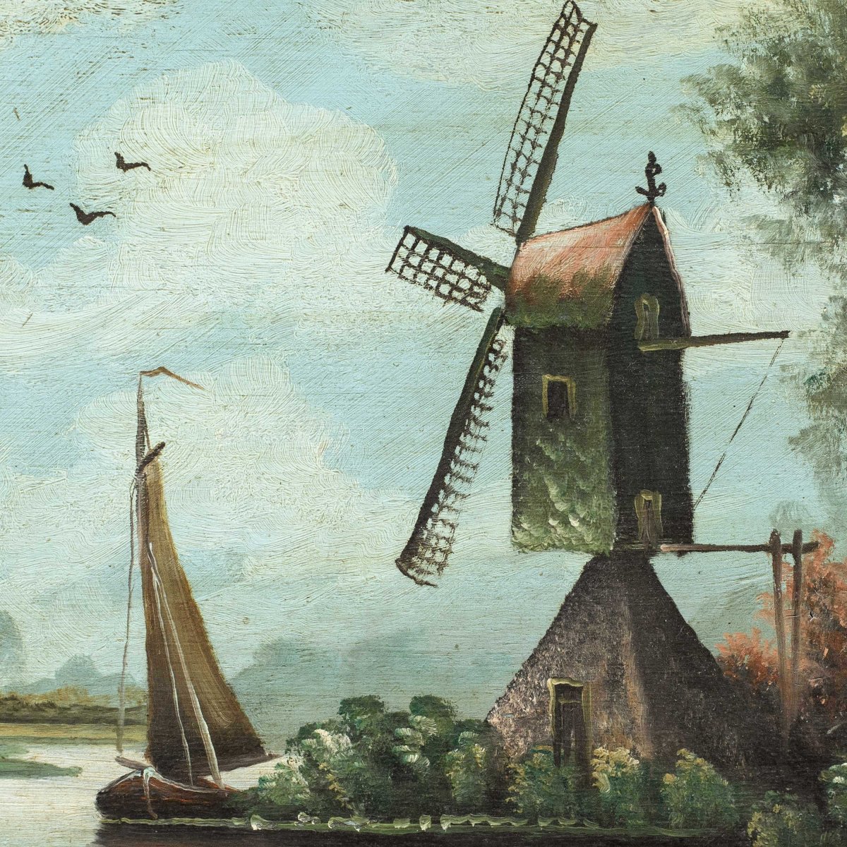 Dutch Painter (19th Century) - River Landscape With Windmill.-photo-2