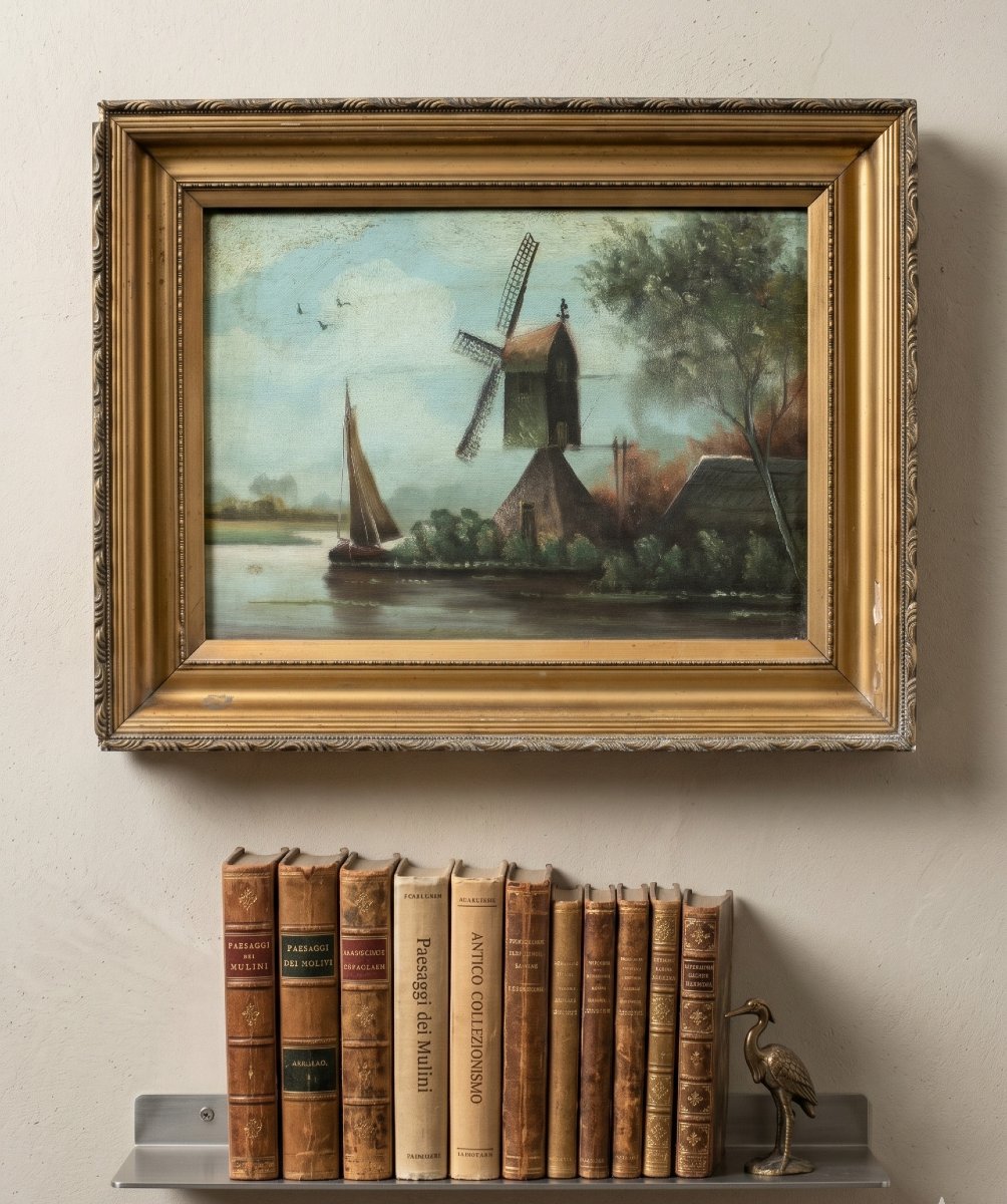 Dutch Painter (19th Century) - River Landscape With Windmill.-photo-4