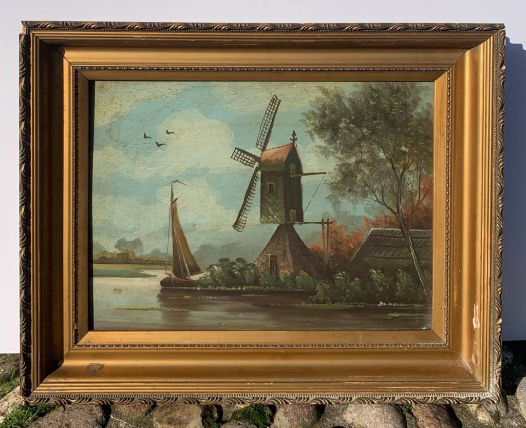 Dutch Painter (19th Century) - River Landscape With Windmill.-photo-1