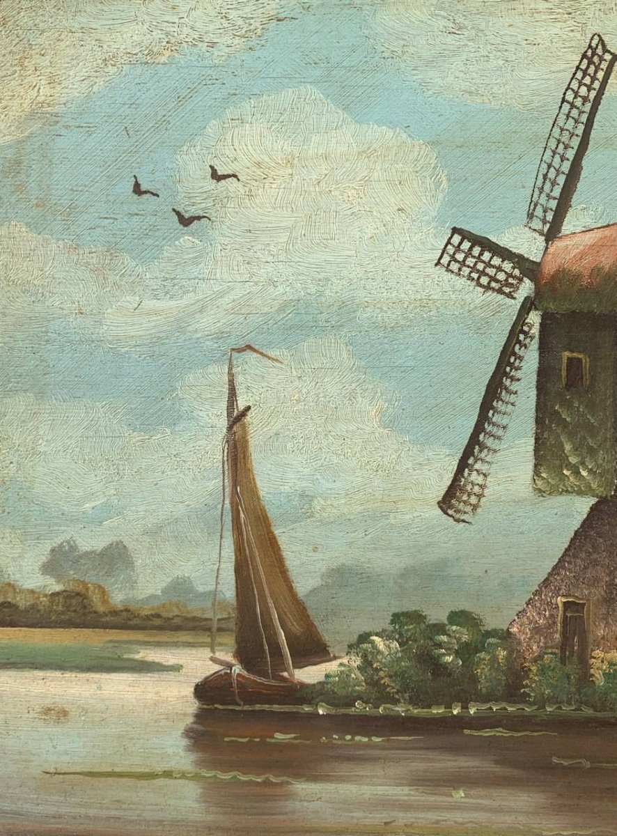Dutch Painter (19th Century) - River Landscape With Windmill.-photo-1