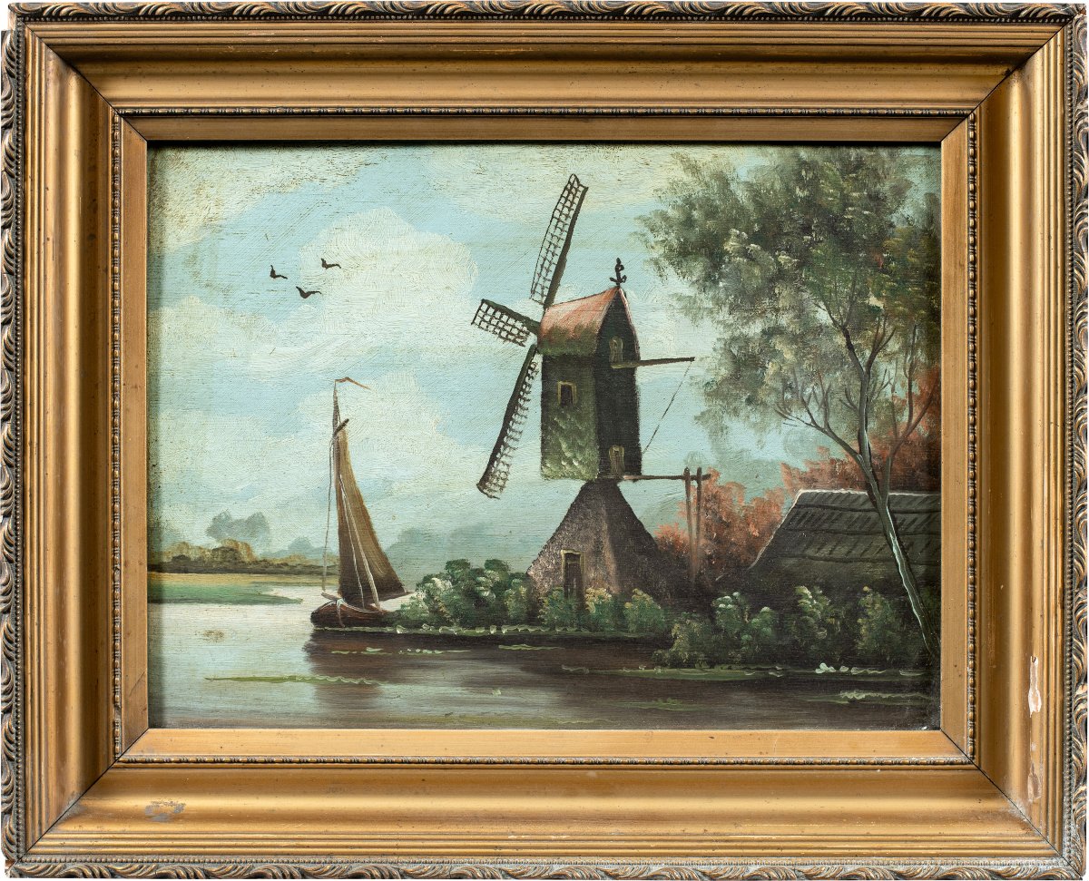 Dutch Painter (19th Century) - River Landscape With Windmill.
