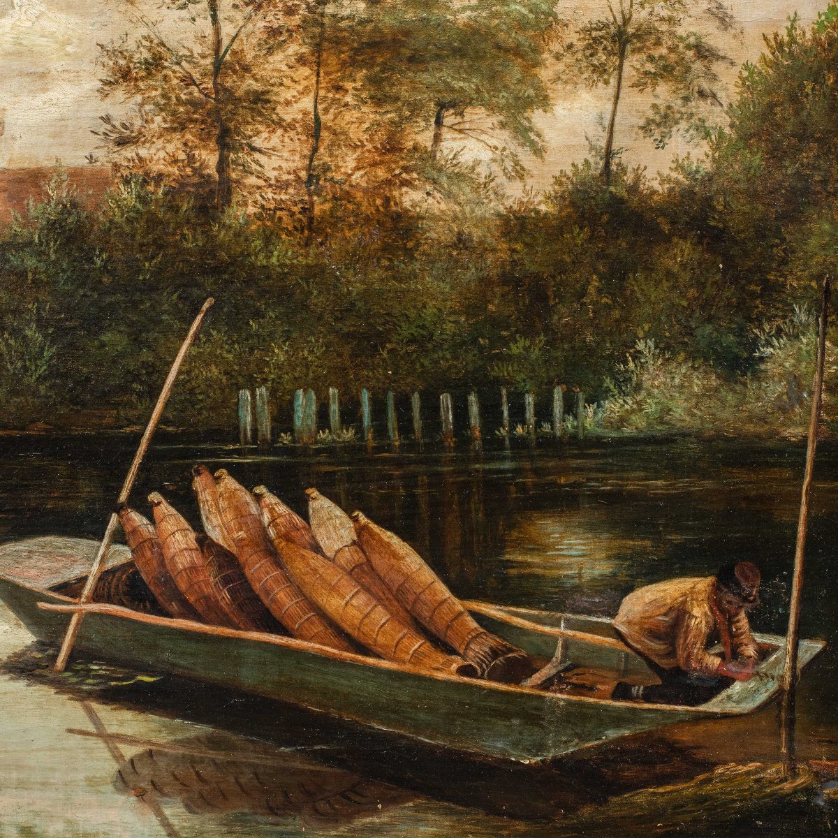 Peintre anglais (fin du XIXe siècle) - Paysage fluvial avec barque.-photo-2