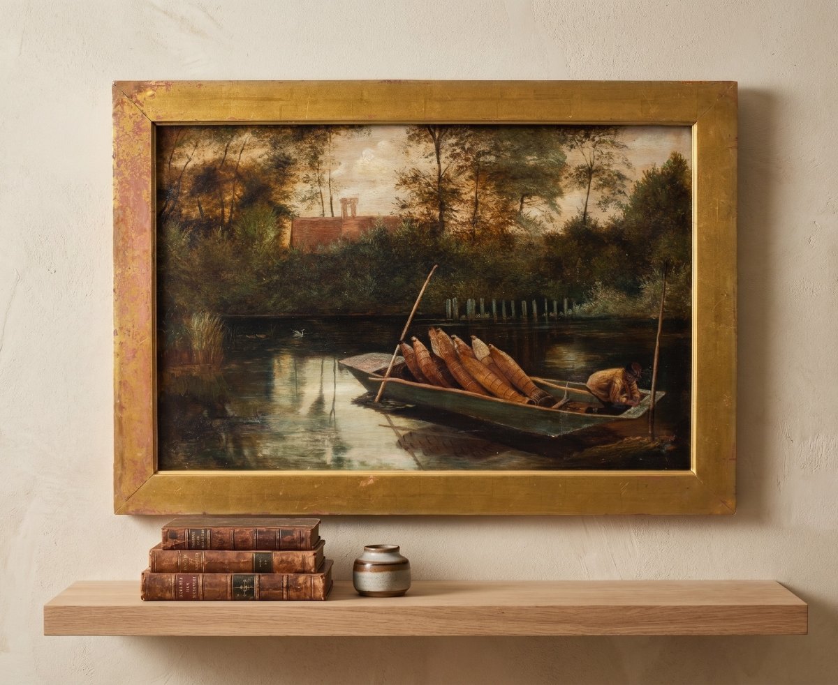 Peintre anglais (fin du XIXe siècle) - Paysage fluvial avec barque.-photo-4