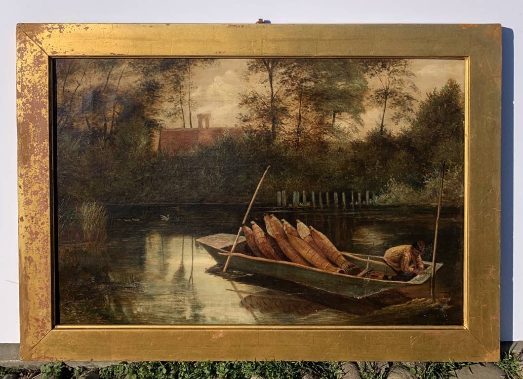 Peintre anglais (fin du XIXe siècle) - Paysage fluvial avec barque.-photo-1