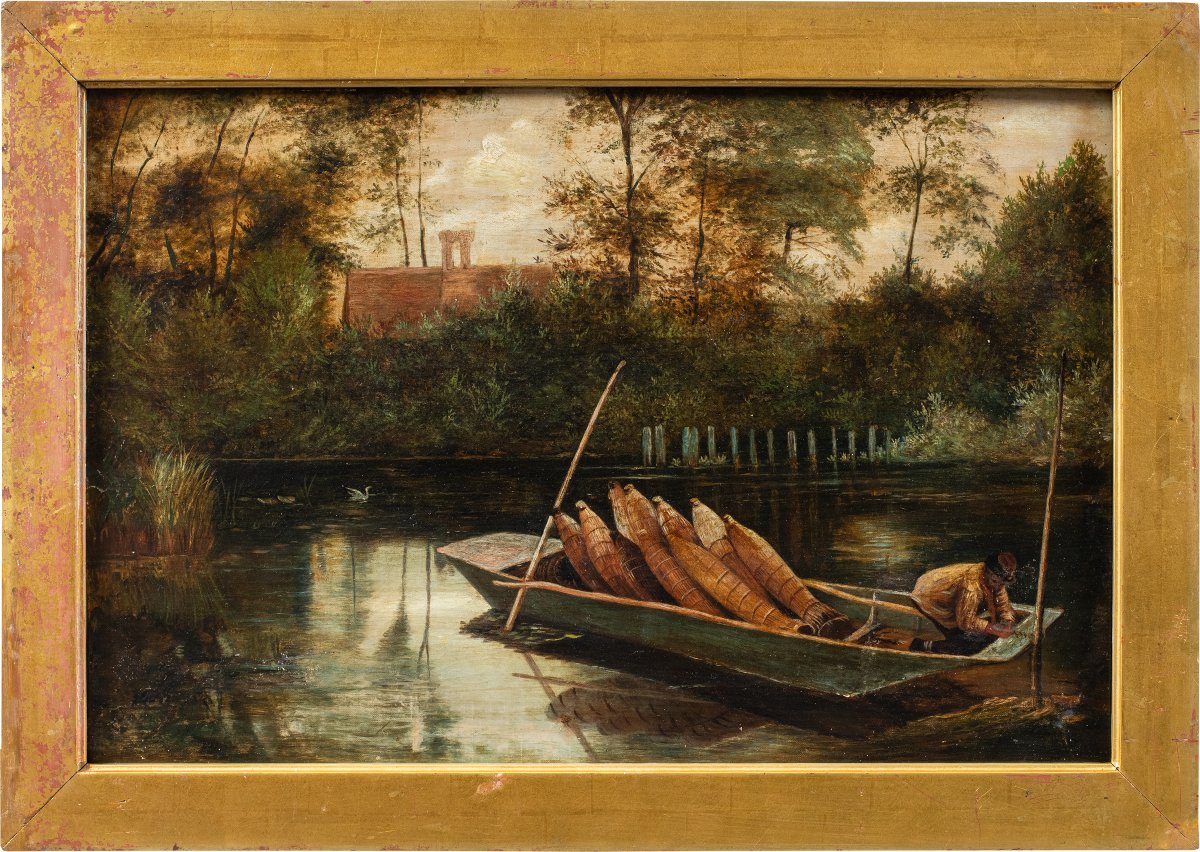 Peintre anglais (fin du XIXe siècle) - Paysage fluvial avec barque.