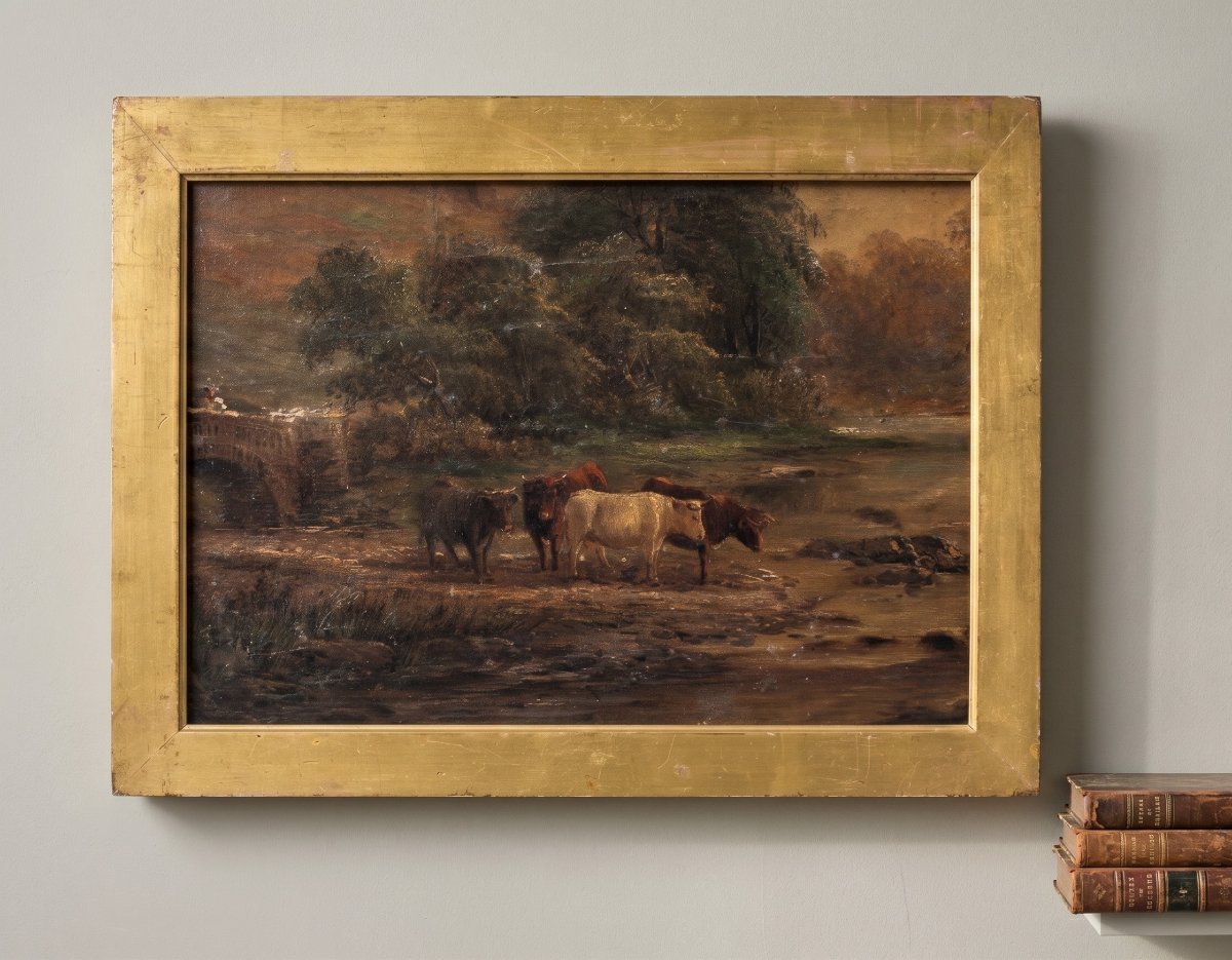 Peintre européen (XIXe siècle) - Taureaux au gué.-photo-4