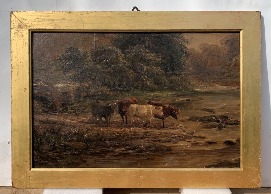 Peintre européen (XIXe siècle) - Taureaux au gué.-photo-1