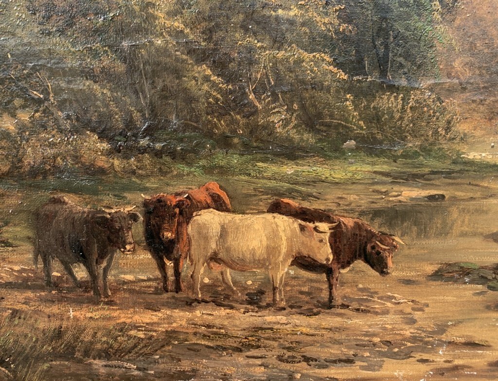 Peintre européen (XIXe siècle) - Taureaux au gué.-photo-2