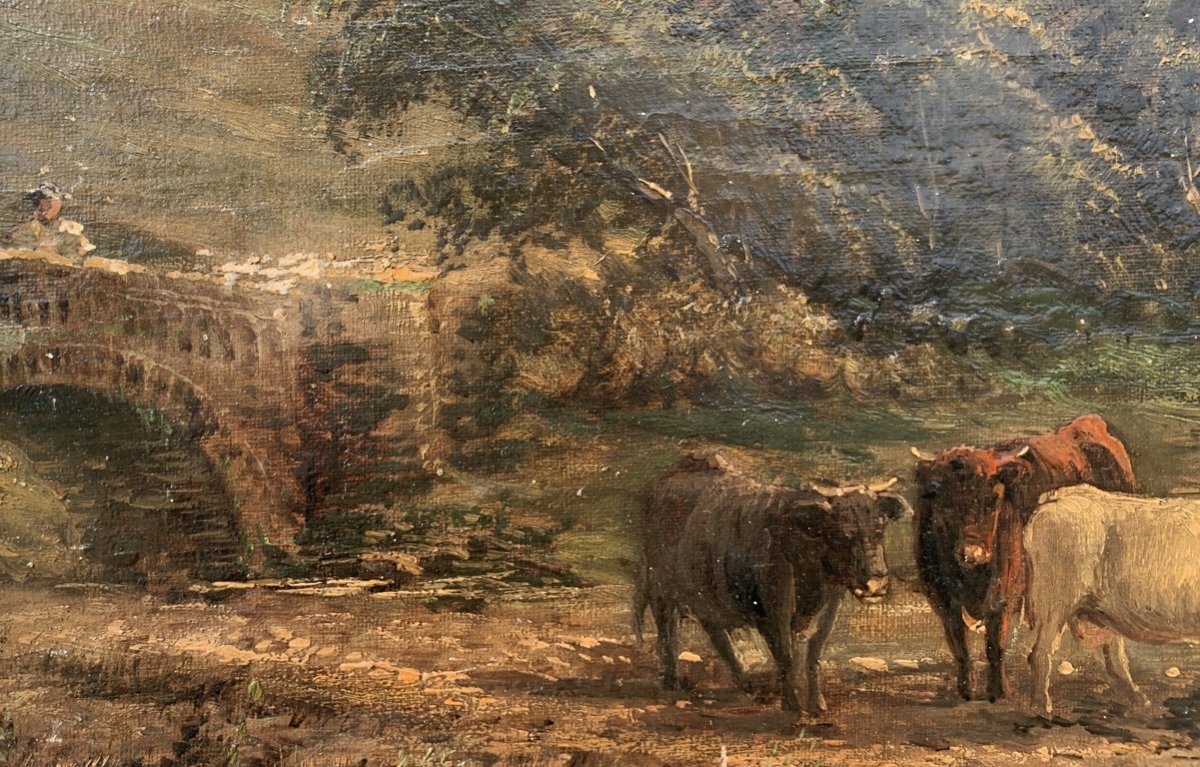 Peintre européen (XIXe siècle) - Taureaux au gué.-photo-3