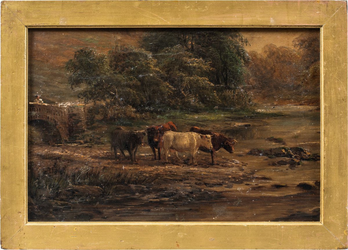 Peintre européen (XIXe siècle) - Taureaux au gué.
