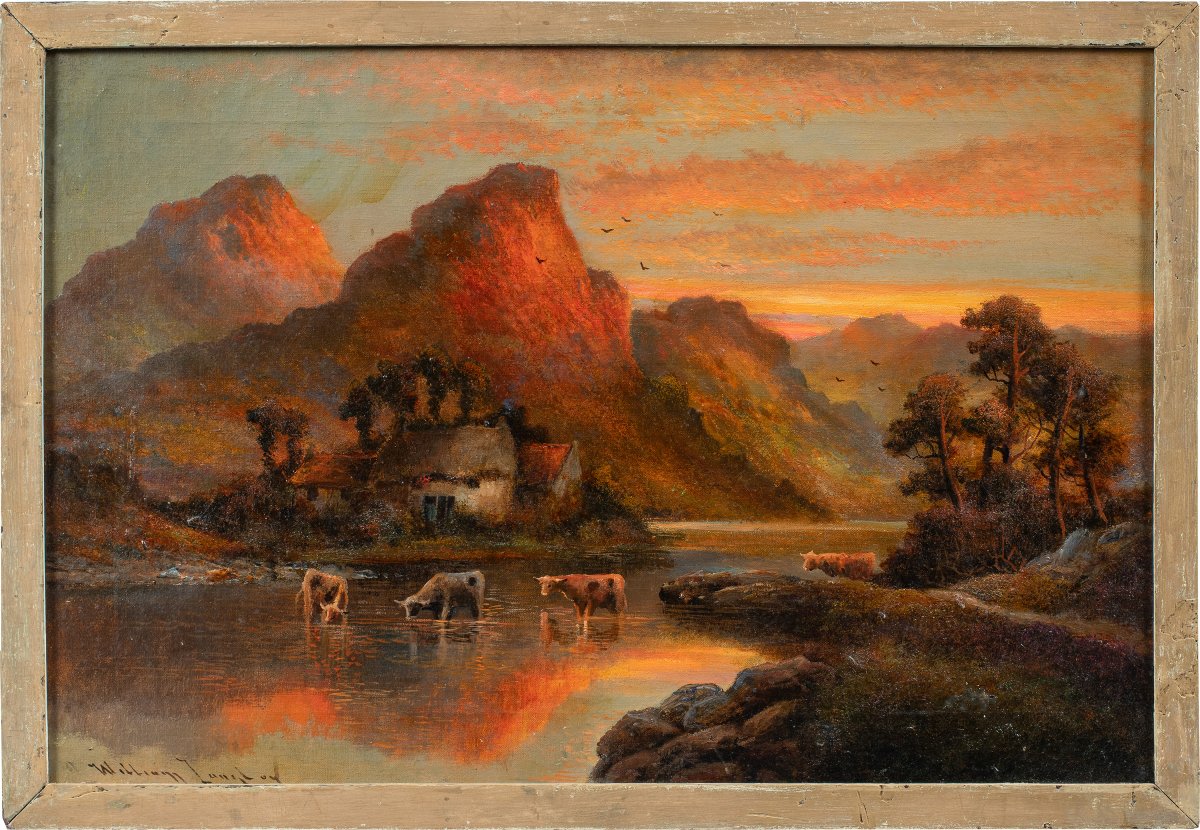 William Langton (Britannique, fin du XIXe siècle) - Lac au coucher du soleil.