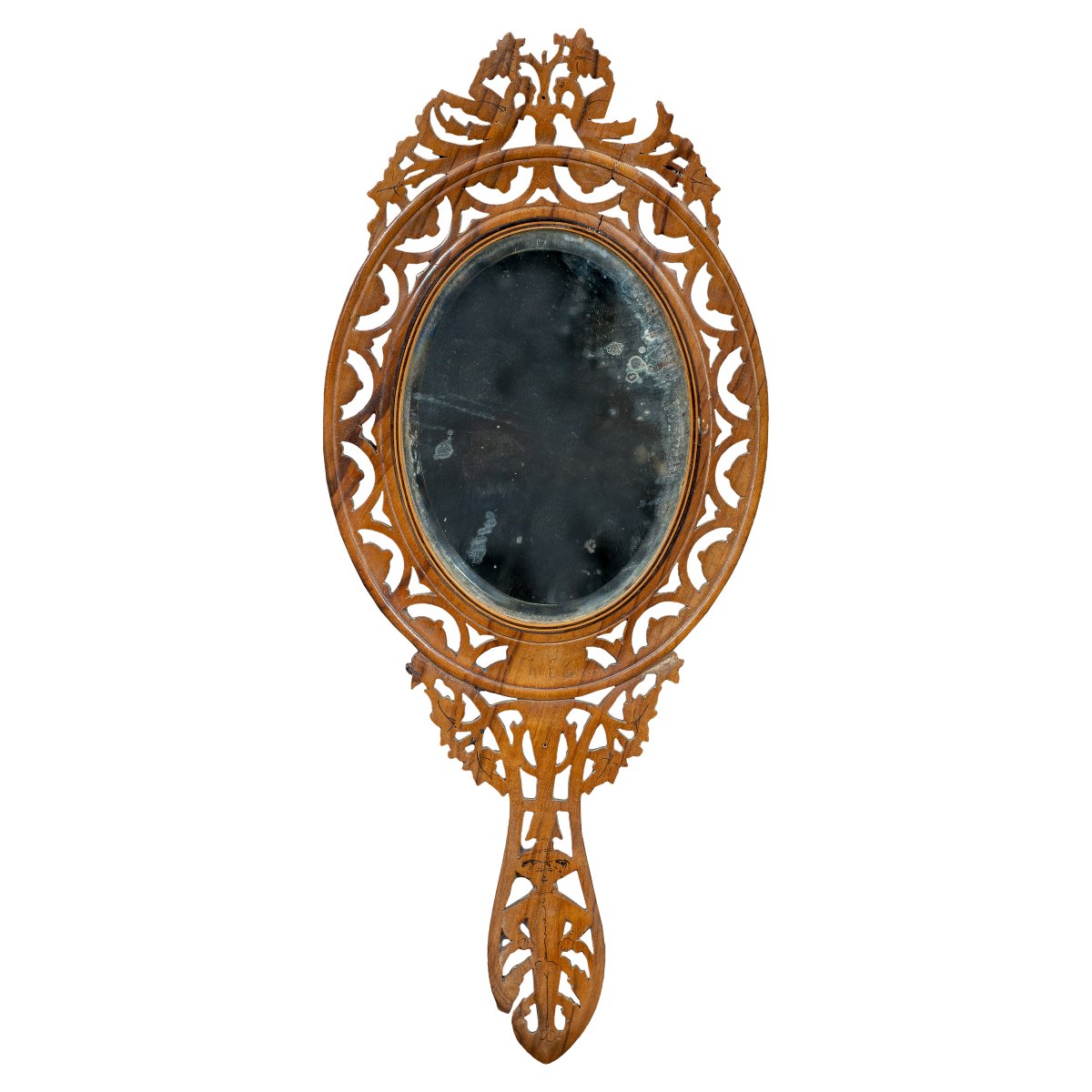 Hand Mirror In Carved, Inlaid And Pyrographed Wood. Sorrento, 19th Century.-photo-2