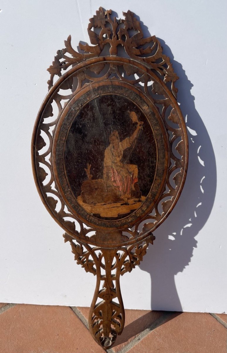 Hand Mirror In Carved, Inlaid And Pyrographed Wood. Sorrento, 19th Century.-photo-4