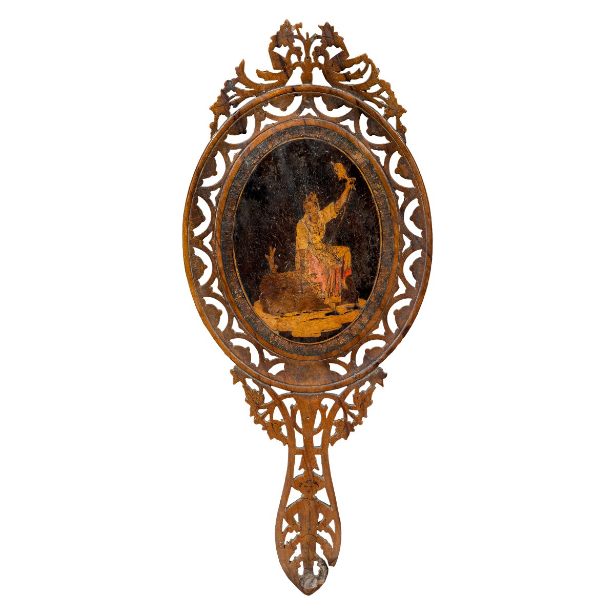 Hand Mirror In Carved, Inlaid And Pyrographed Wood. Sorrento, 19th Century.