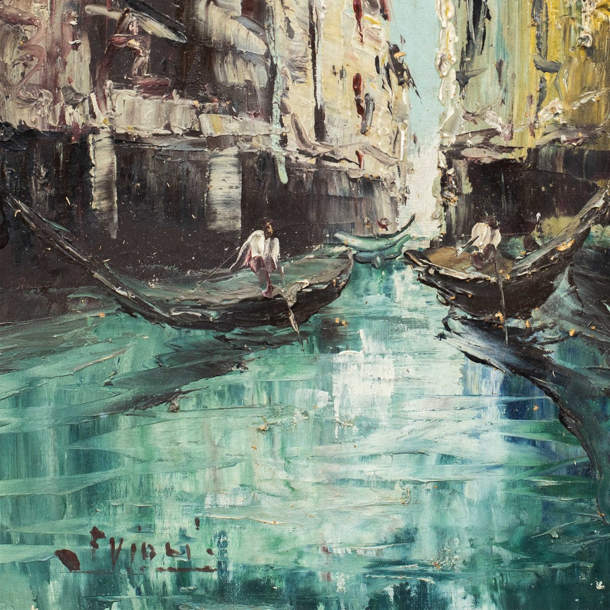 Peintre vénitien (début du XXe siècle) - Vue de Venise avec canal et gondoles.-photo-2